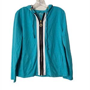 Coral Bay Sweater Size L Petite Full Zip Blue Gold Long Sleeve with Hoodie B1288
